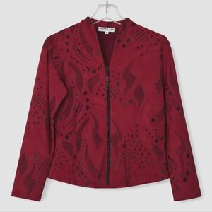 Vintage Andria Lieu Deep Red Black Abstract Textured Zip Front Jacket Blouse
